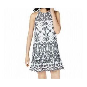 Maison Jules, black/white cotton embroidered ruffled halter style mini dress S/X